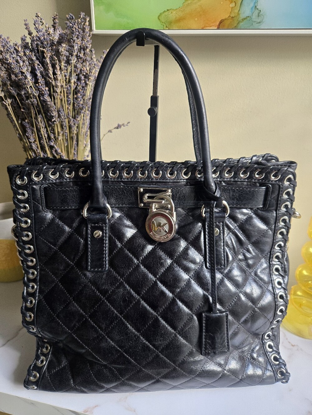 Michael Kors Hamilton Hippie Grommet Black Quilted Leather Tote Bag